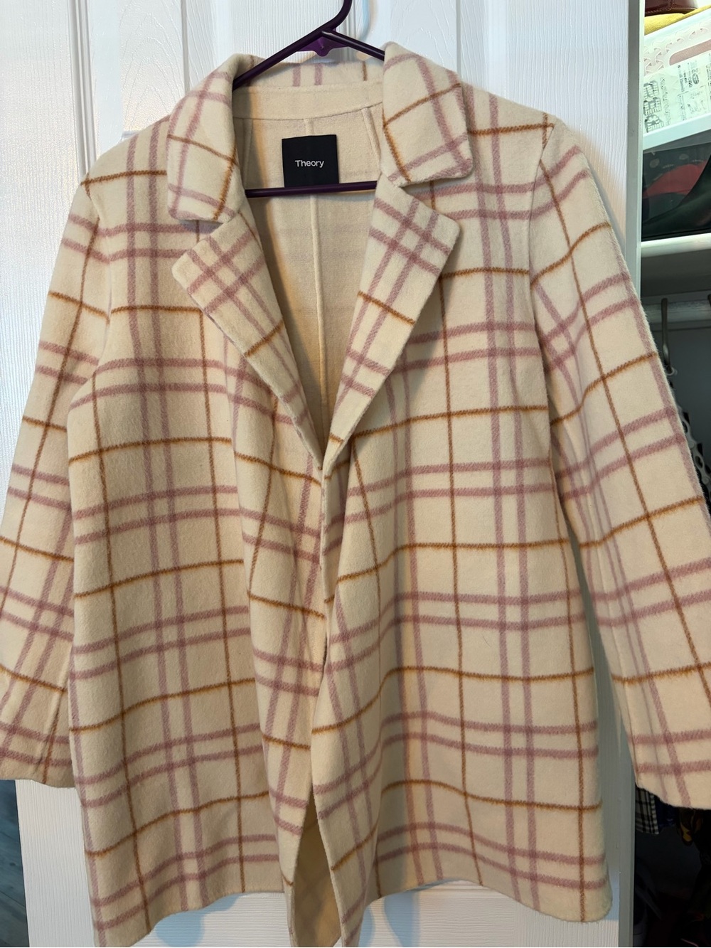Theory Cream Plaid Wool Coat with Pink and Tan Windowpane